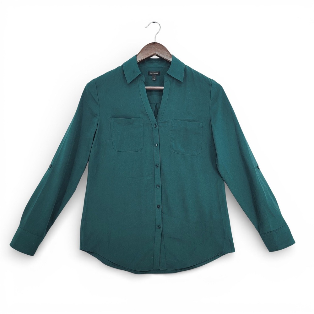 Talbots Womens Small Button Front Blouse‎ Polyester Teal Long Sleeve